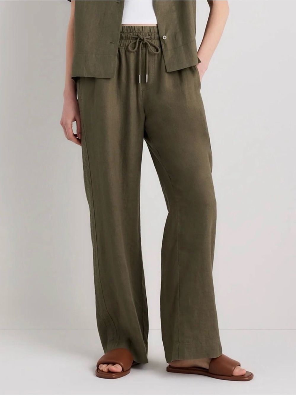 Quince Olive Wide-Leg Linen-Blend Pants